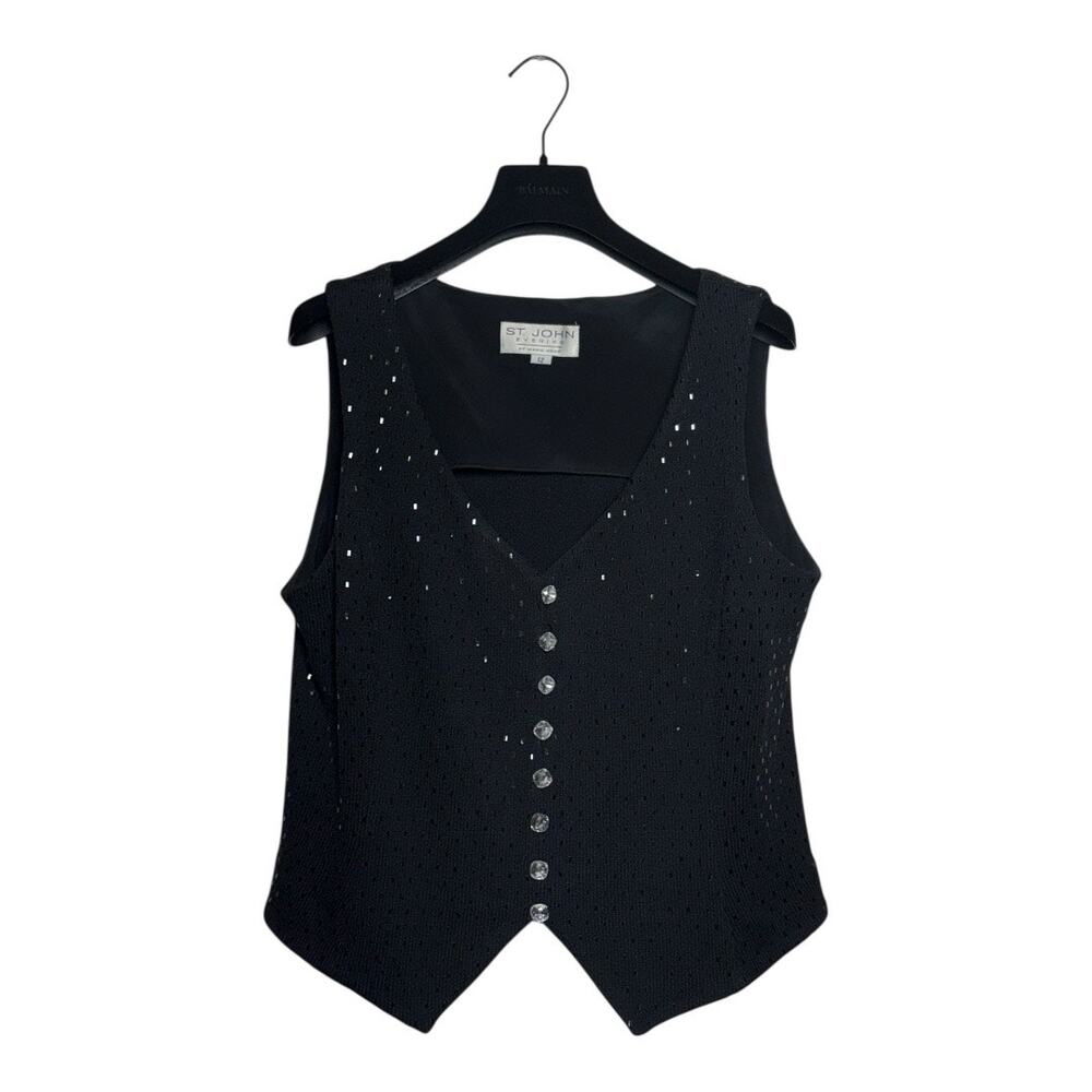 ST. John Evening Vintage 90s Black Knit Paillettes Vest Size 12 - Picture 2 of 8